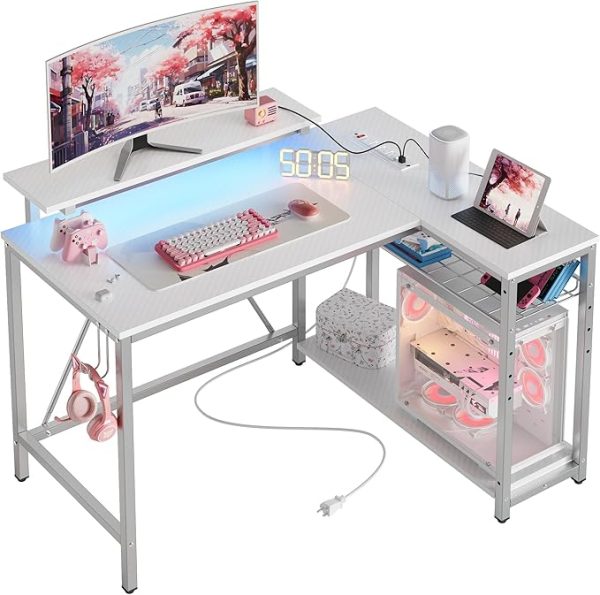 43 Inch Gaming Desk with Reversible Shelves & Hook